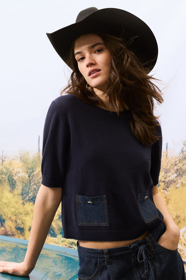 Oui Jumper 94256 Short Sleeve Dark Blue 5742 - Olivia Grace Fashion