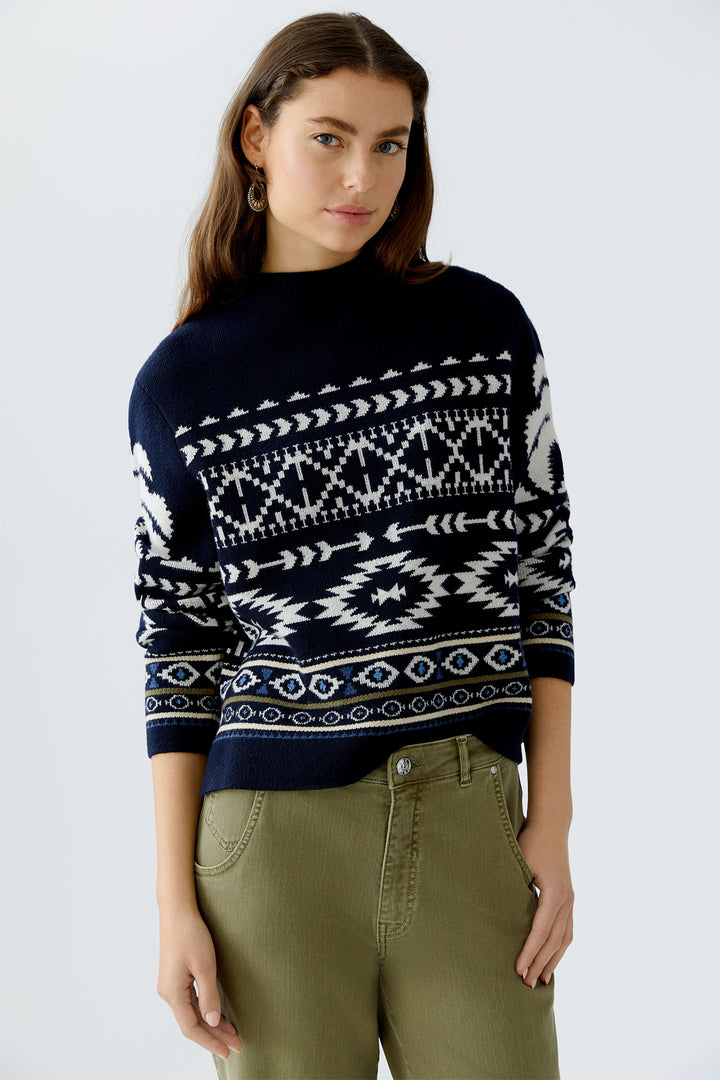 Oui Jumper 94309 Dark Blue White Navajo Pattern 0571 - Olivia Grace Fashion