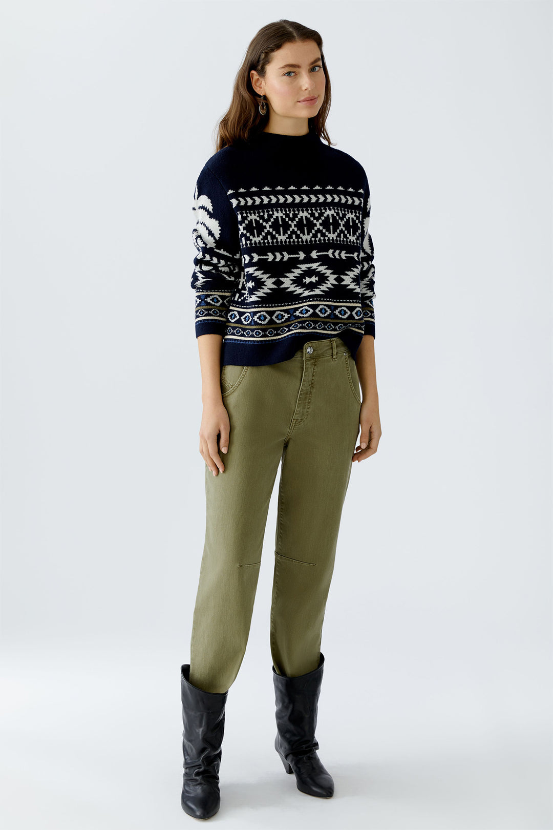 Oui Jumper 94309 Dark Blue White Navajo Pattern 0571 - Olivia Grace Fashion