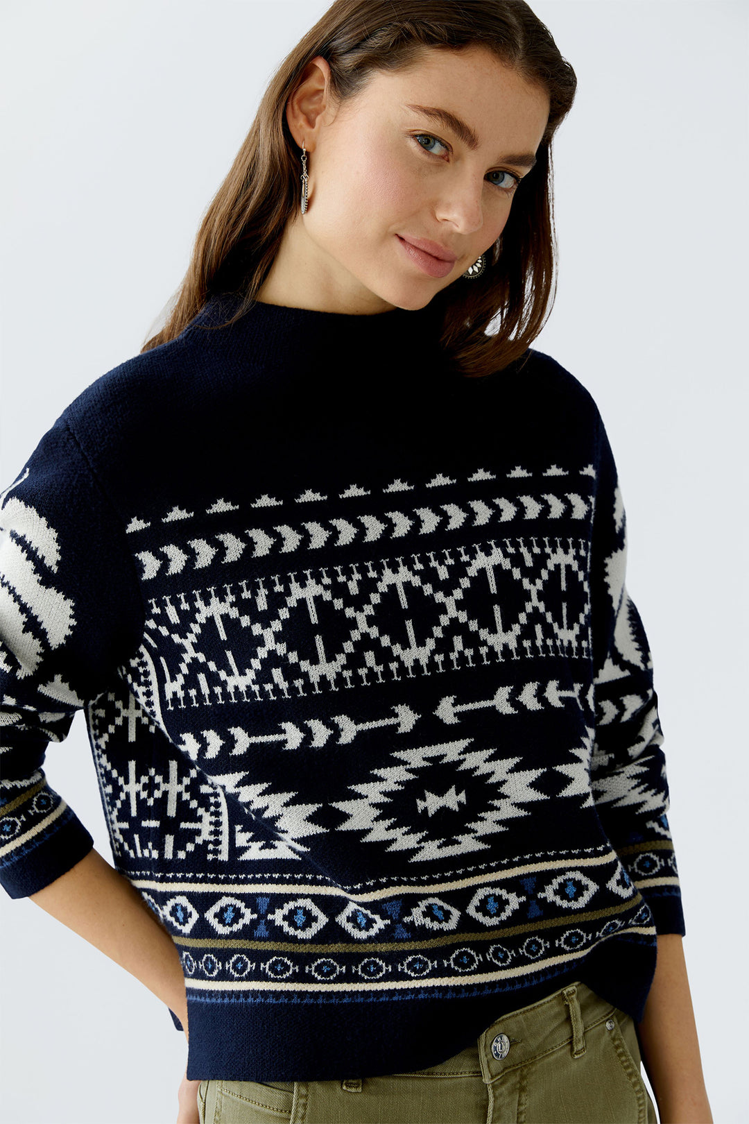 Oui Jumper 94309 Dark Blue White Navajo Pattern 0571 - Olivia Grace Fashion