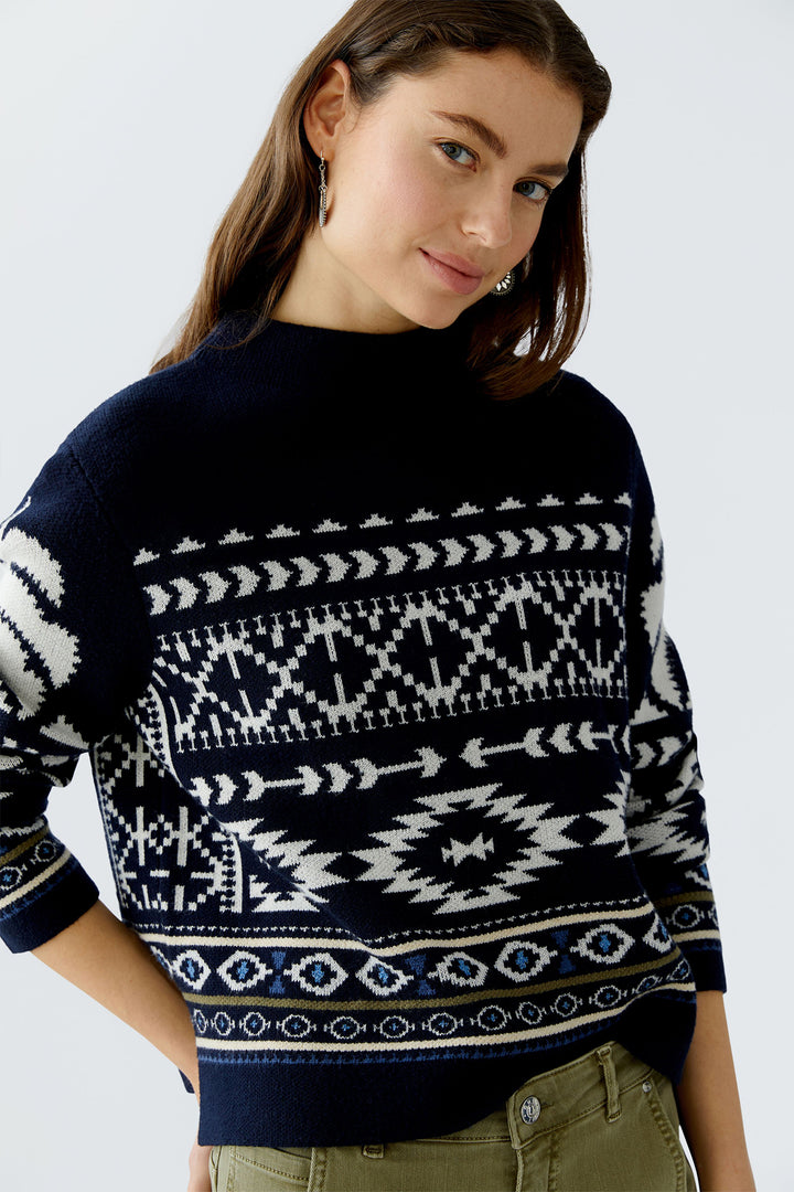 Oui Jumper 94309 Dark Blue White Navajo Pattern 0571 - Olivia Grace Fashion