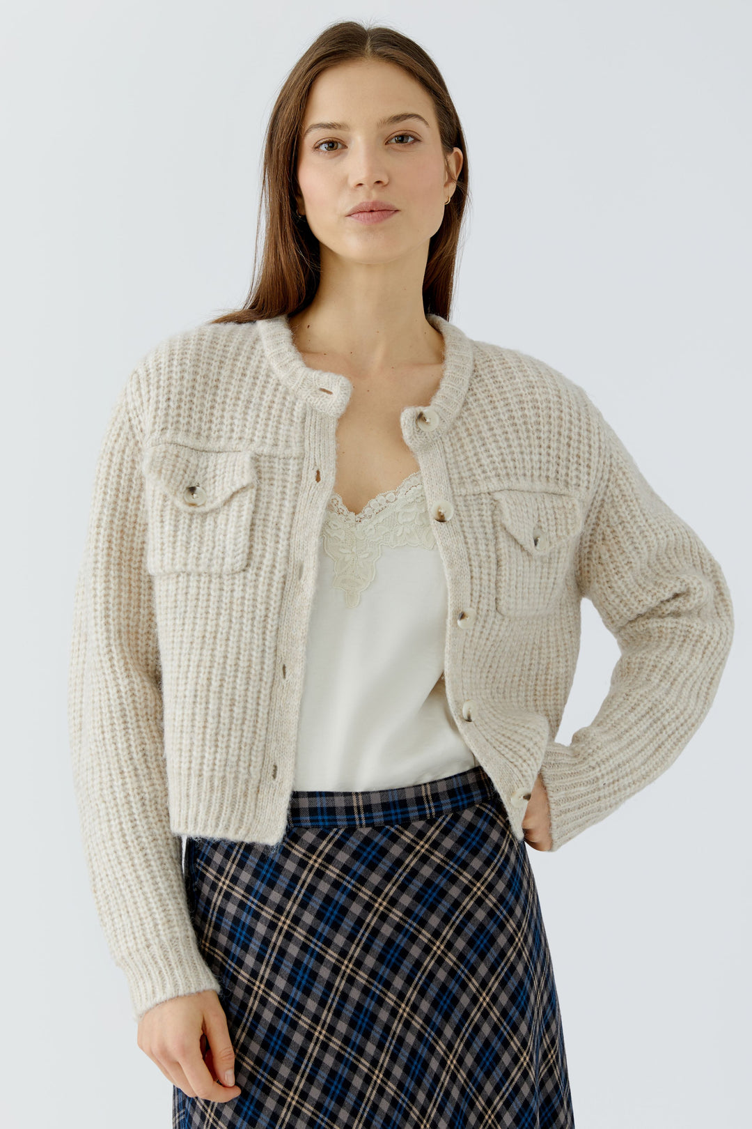 Oui Faux Fur Collar Light Beige Melange Knit Jacket at Olivia Grace Fashion