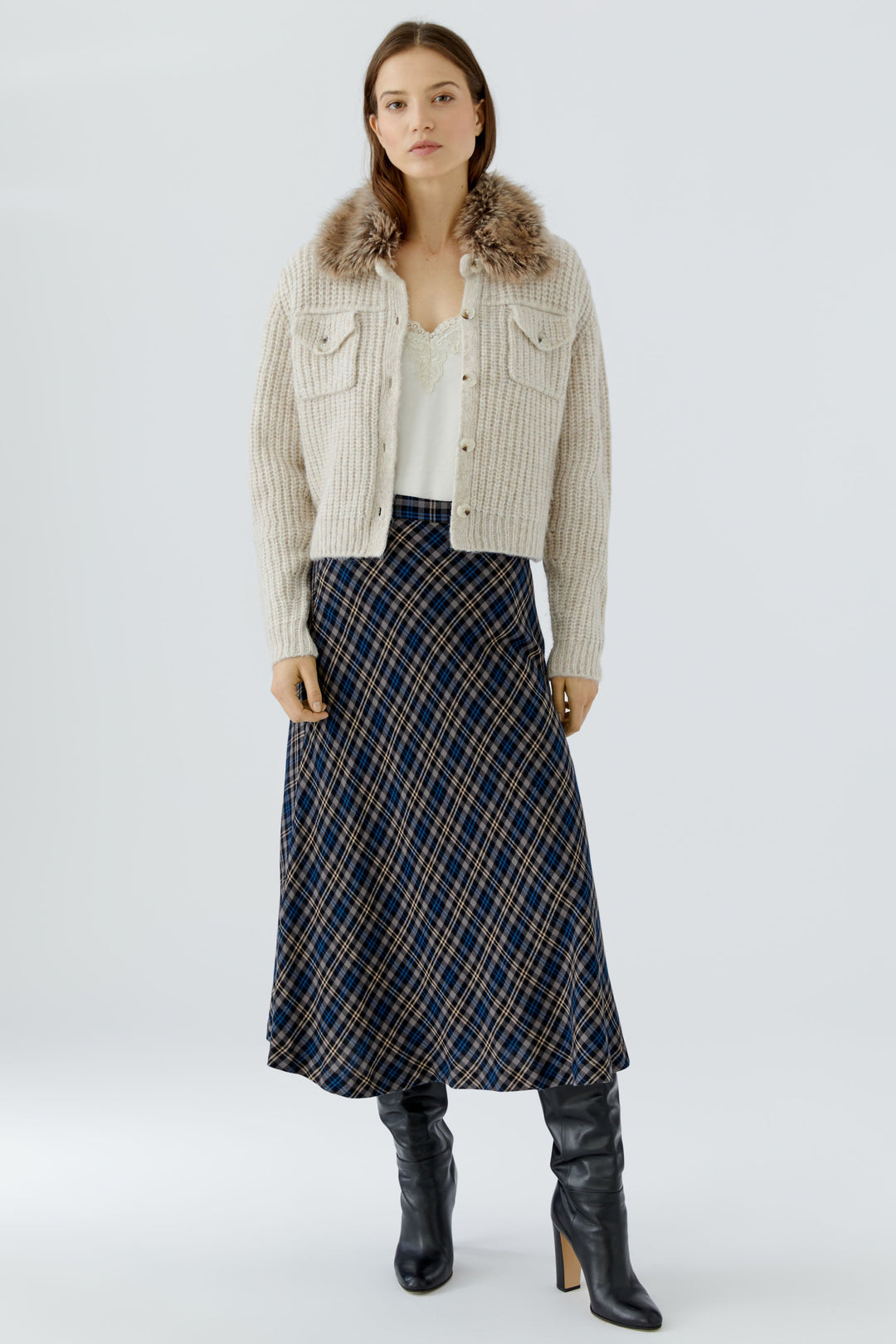 Oui Faux Fur Collar Light Beige Melange Knit Jacket at Olivia Grace Fashion