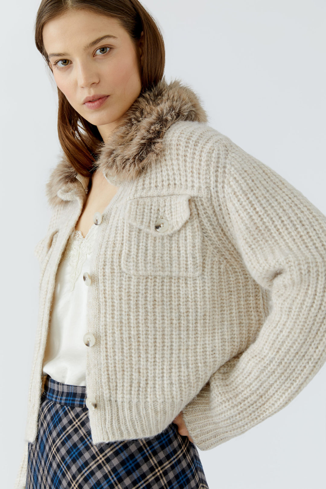 Oui Faux Fur Collar Light Beige Melange Knit Jacket at Olivia Grace Fashion