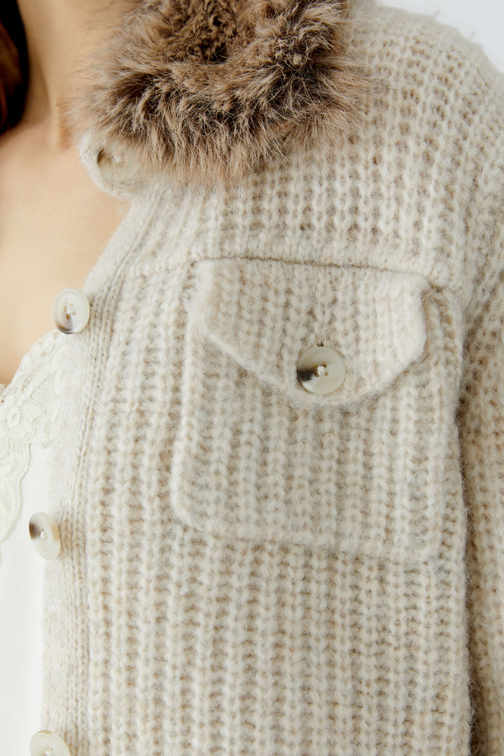 Oui Faux Fur Collar Light Beige Melange Knit Jacket at Olivia Grace Fashion