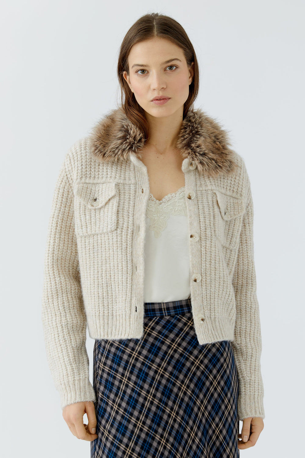 Oui Faux Fur Collar Light Beige Melange Knit Jacket at Olivia Grace Fashion