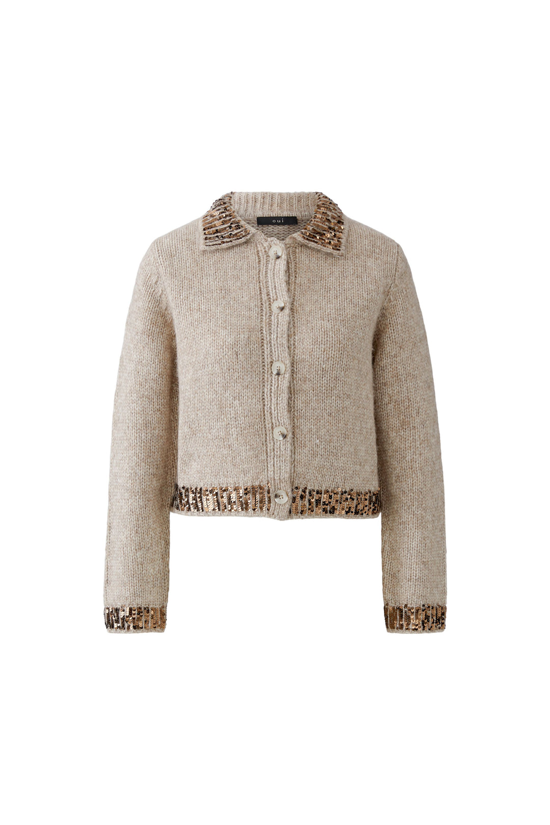 Oui Light Beige Melange Knit Sequin Trim Jacket 98941