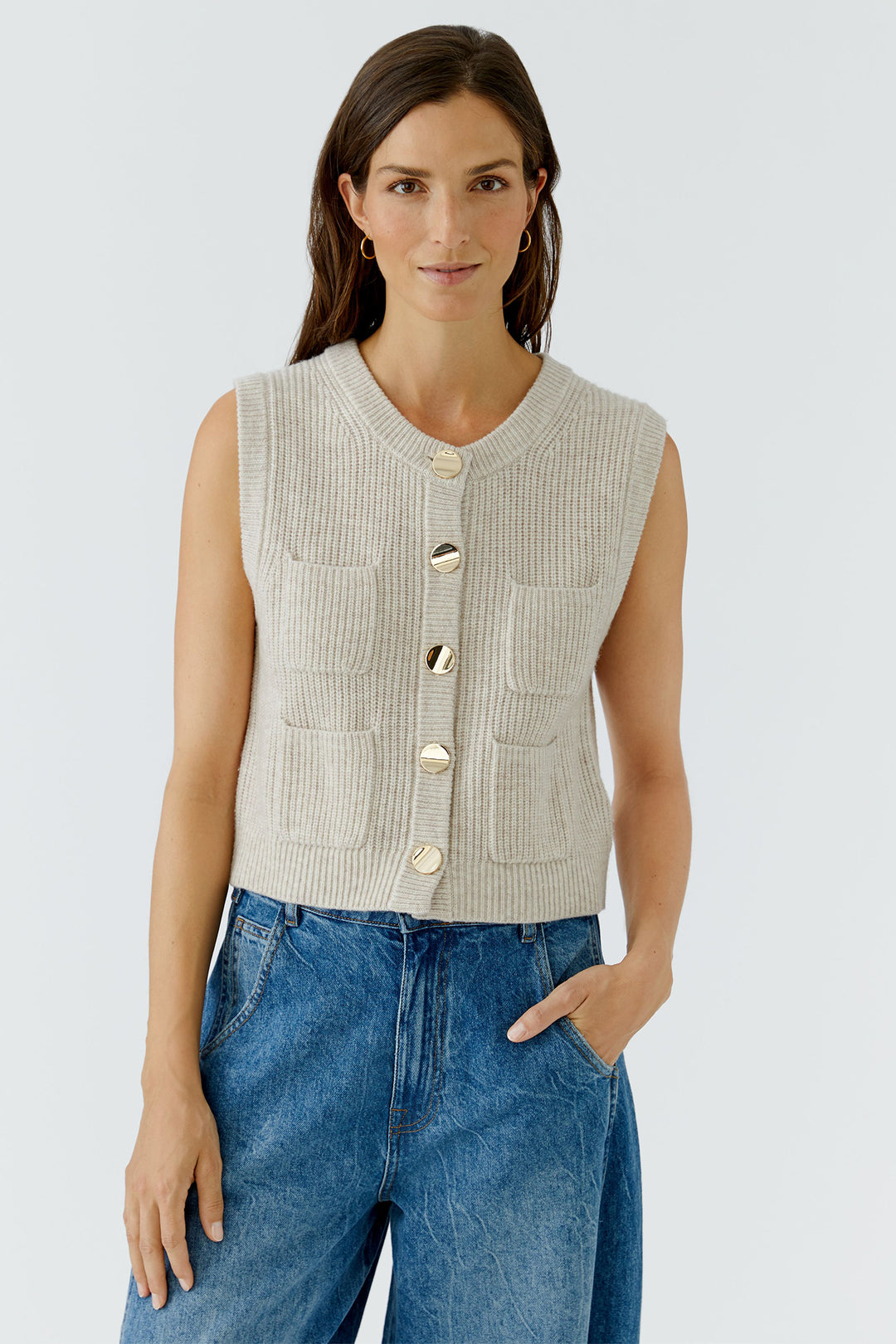 Oui Light Beige Melange Knitted Waistcoat 99864 7065, front view on model