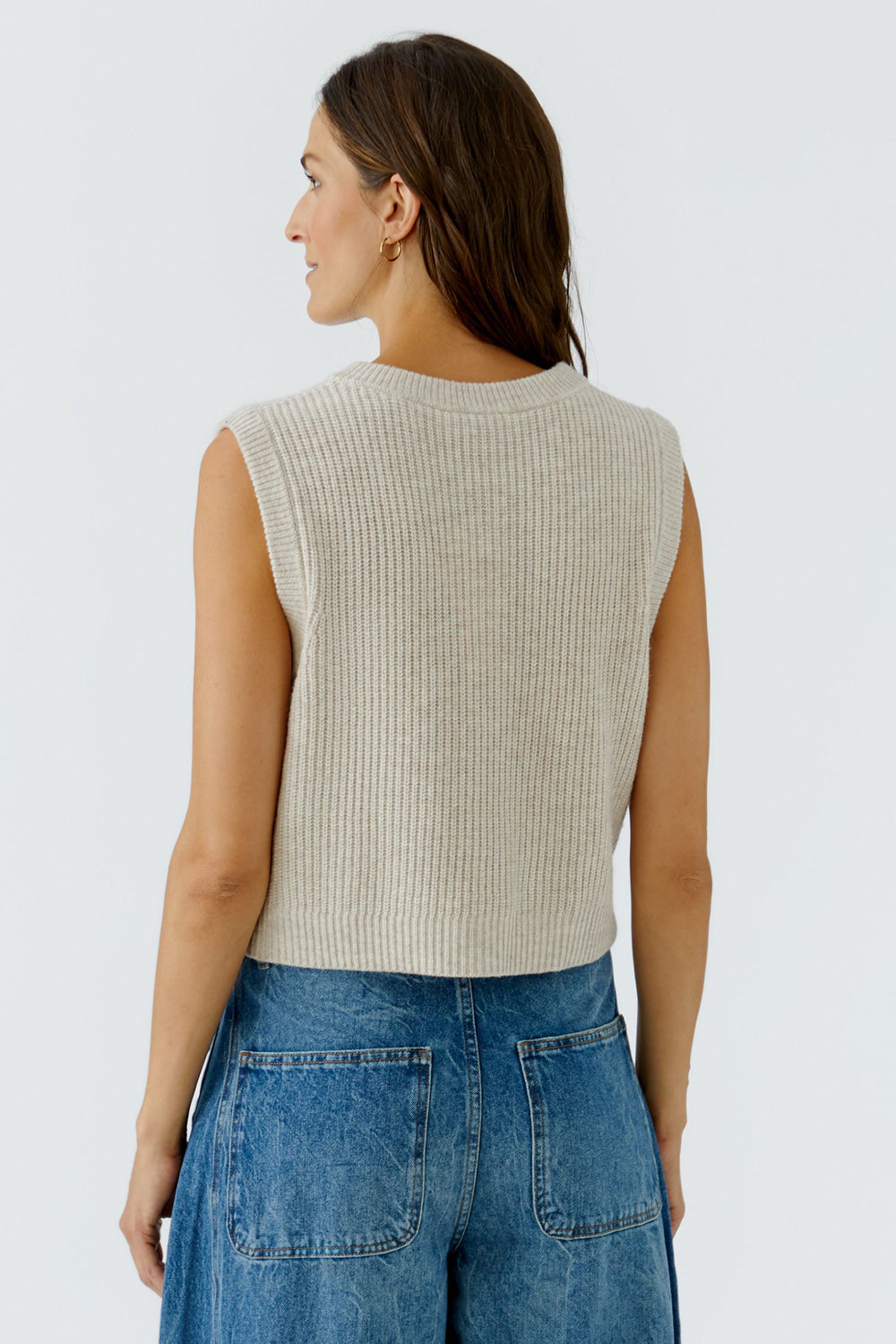 Oui Light Beige Melange Knitted Waistcoat 99864 7065, back view on model, cropped