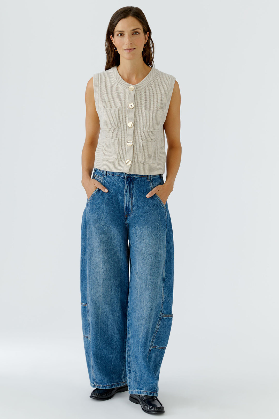 Oui Light Beige Melange Knitted Waistcoat 99864 7065, full length front view on model