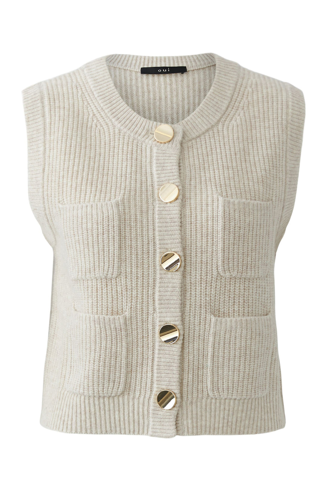 Oui 99864 Light Beige Melange Knitted Waistcoat at Olivia Grace Fashion