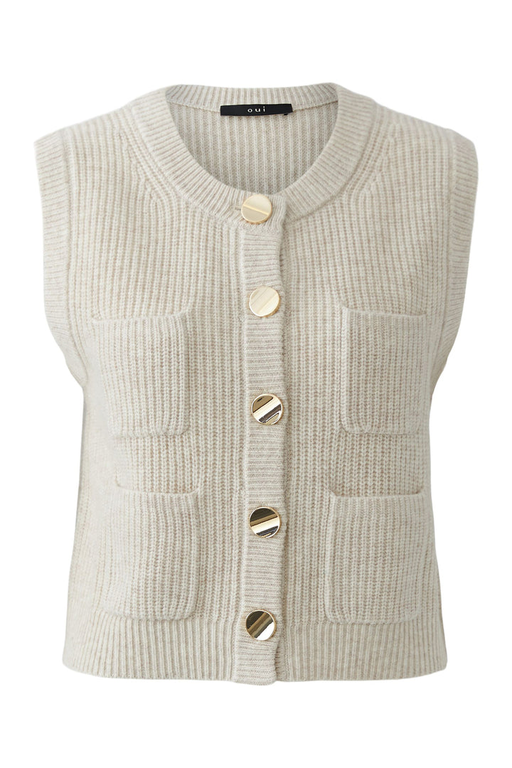 Oui 99864 Light Beige Melange Knitted Waistcoat at Olivia Grace Fashion