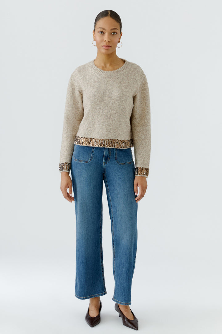 Oui Light Beige Melange Sequin Trim Jumper 98036