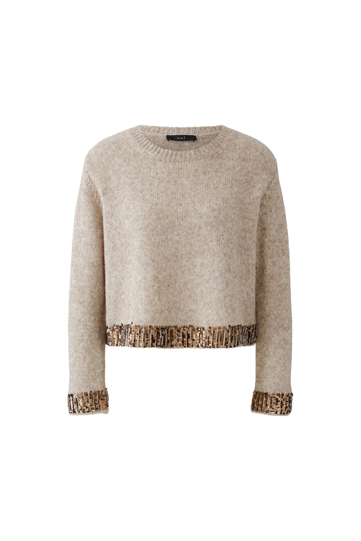 Oui Light Beige Melange Sequin Trim Jumper 98036