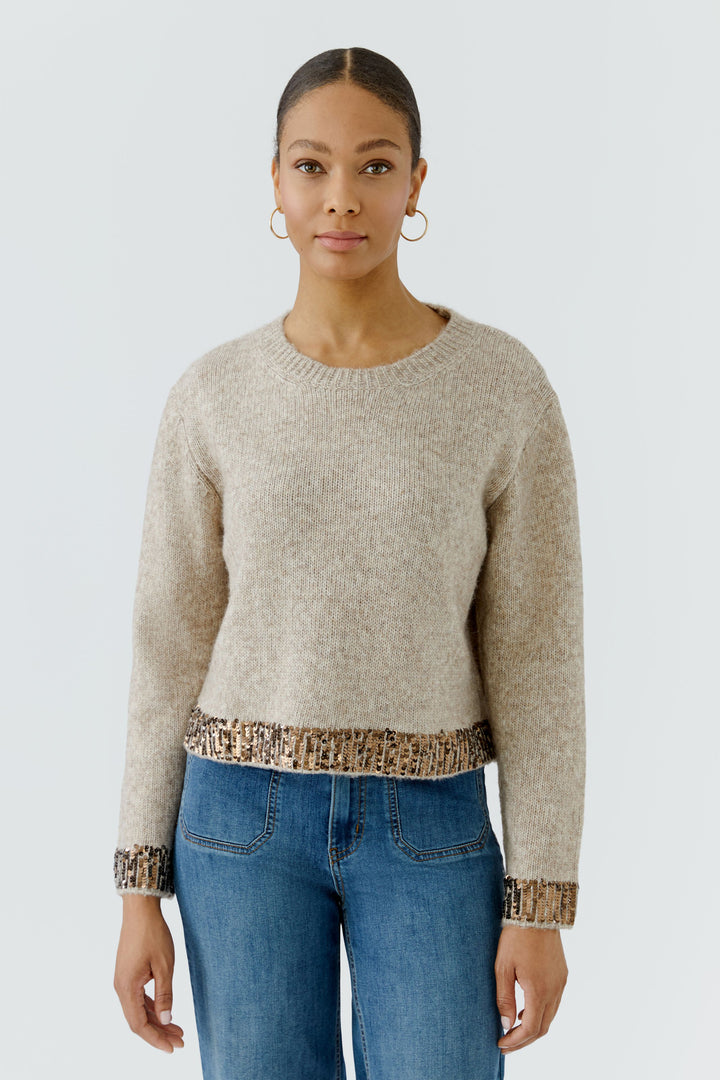 Oui Light Beige Melange Sequin Trim Jumper 98036