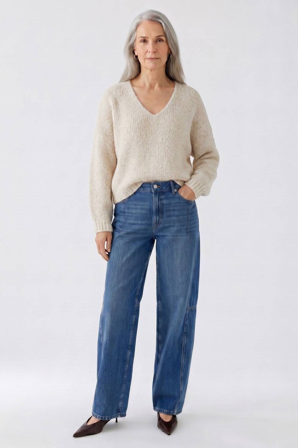 Oui Light Beige Melange V-Neck Jumper 98985