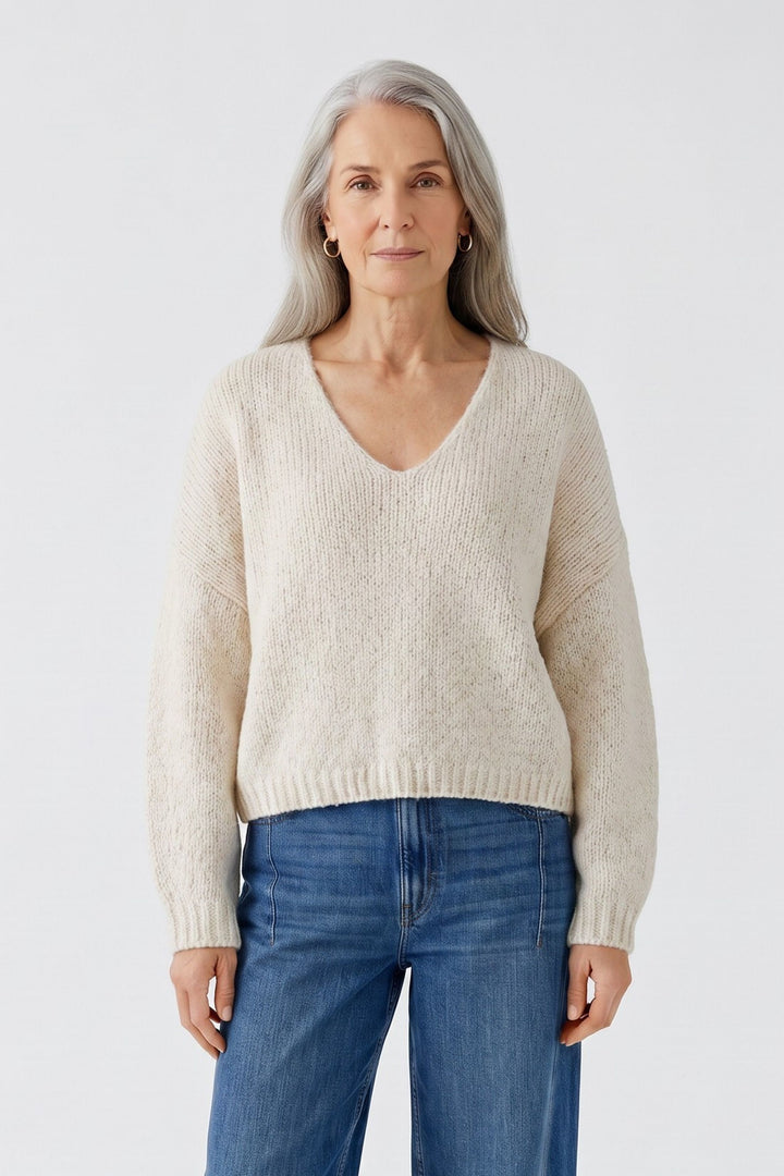 Oui Light Beige Melange V-Neck Jumper 98985