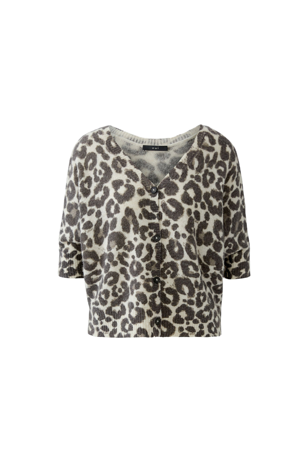 Oui light stone taupe animal print knit cardigan at Olivia Grace Fashion