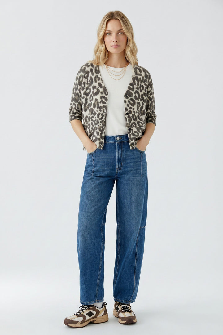 Oui light stone taupe animal print knit cardigan at Olivia Grace Fashion