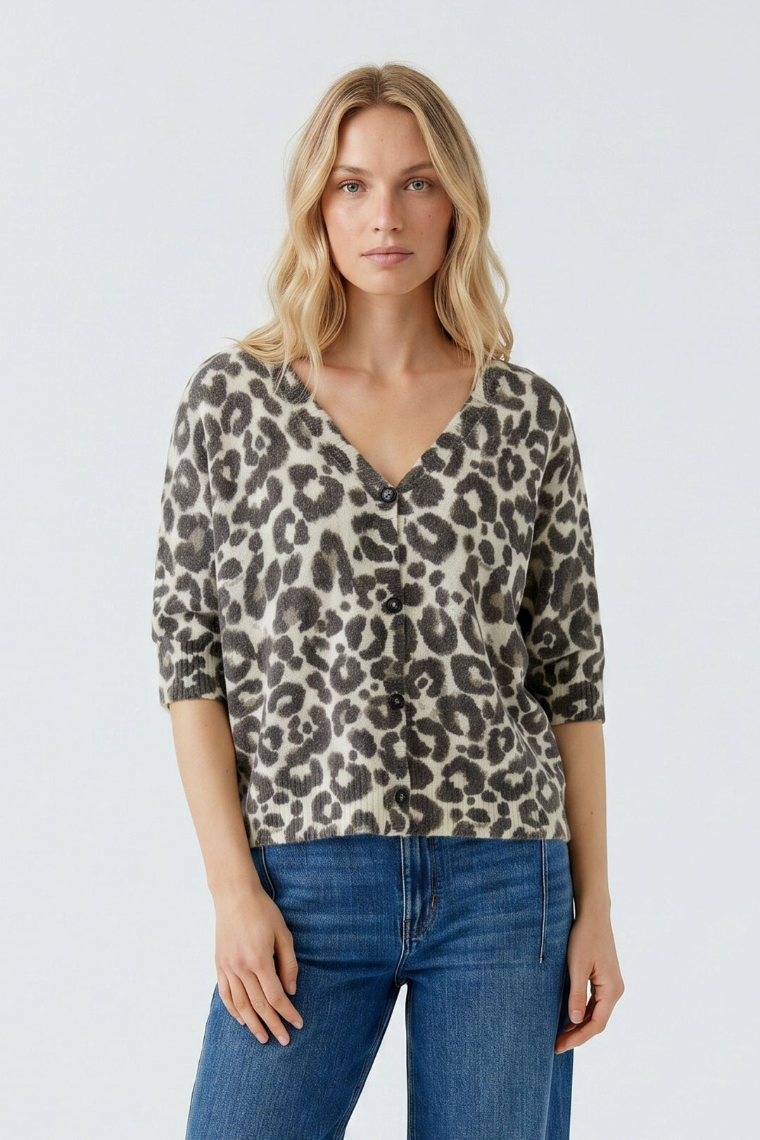 Oui light stone taupe animal print knit cardigan at Olivia Grace Fashion
