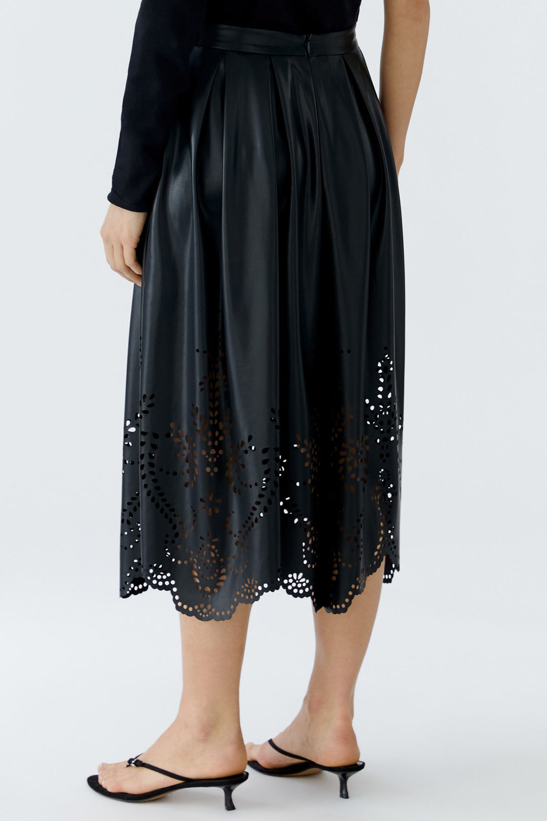 Oui Midi Skirt 93842 Black Punch Cut Pleather 9990 - Olivia Grace Fashion