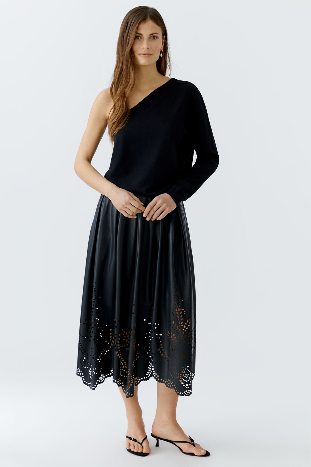Oui Midi Skirt 93842 Black Punch Cut Pleather 9990 - Olivia Grace Fashion