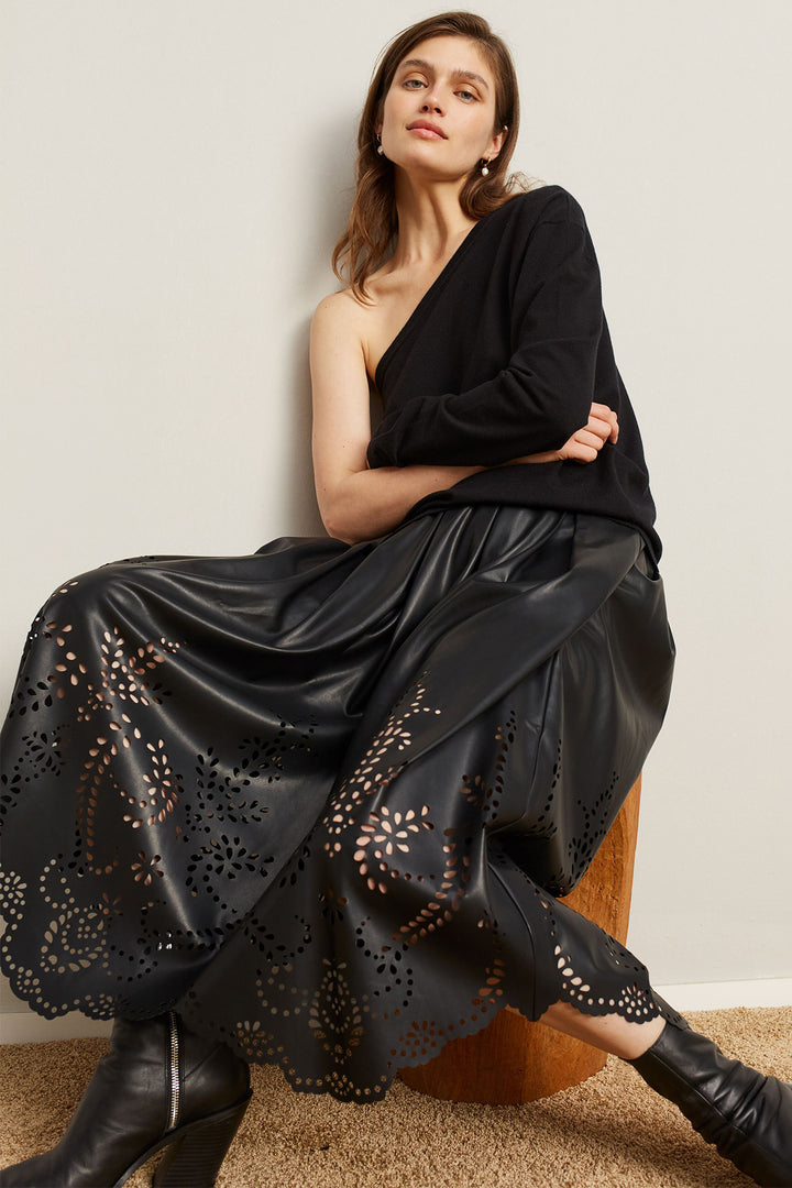 Oui Midi Skirt 93842 Black Punch Cut Pleather 9990 - Olivia Grace Fashion