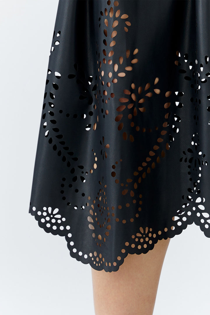 Oui Midi Skirt 93842 Black Punch Cut Pleather 9990 - Olivia Grace Fashion