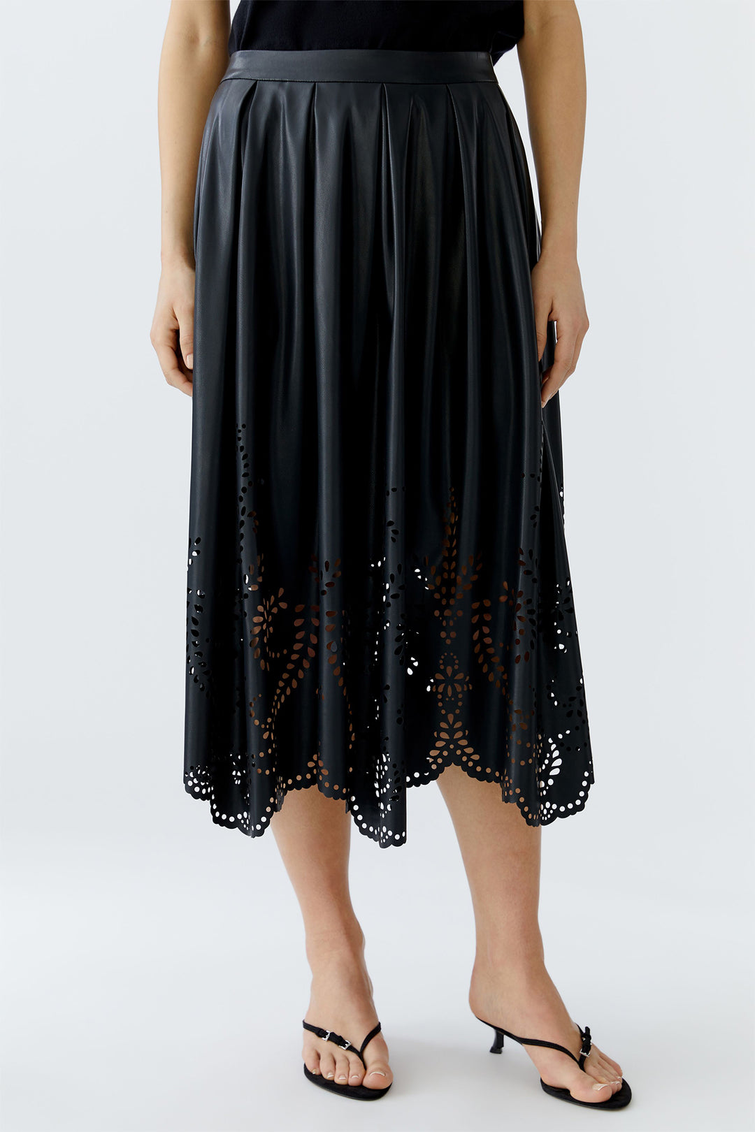Oui Midi Skirt 93842 Black Punch Cut Pleather 9990 - Olivia Grace Fashion