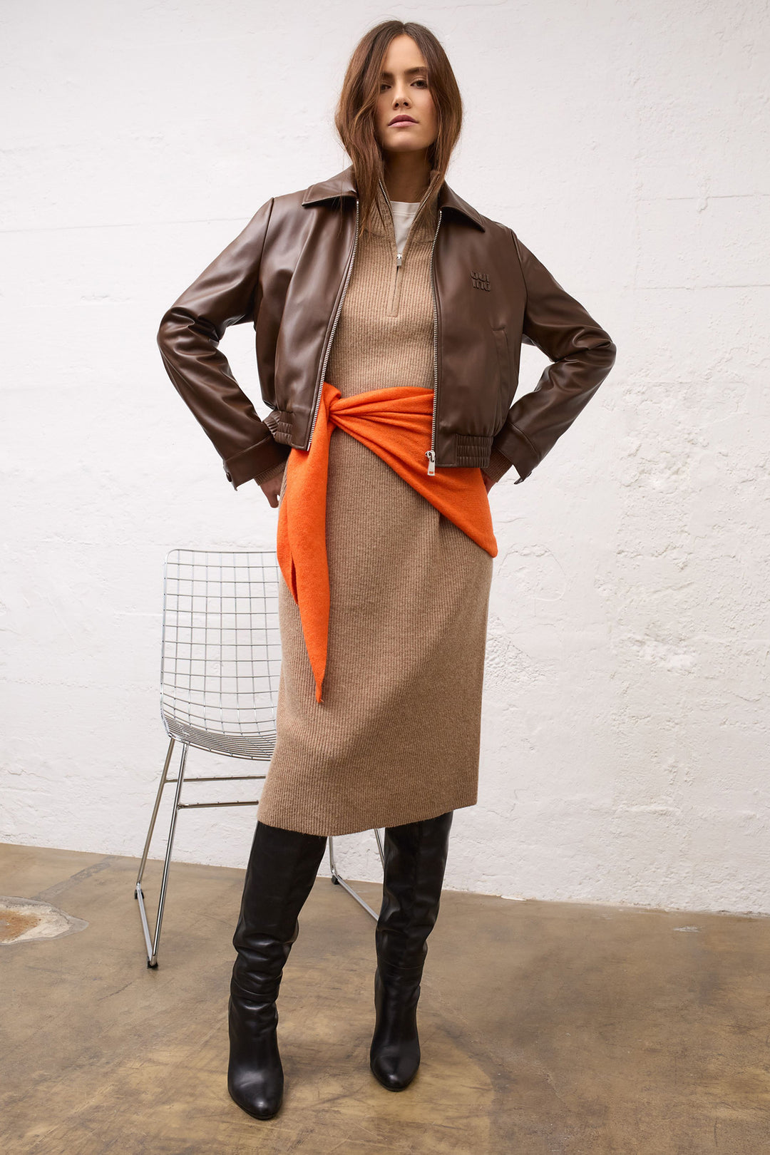 Oui Orangeade Orange Triangle Scarf, styled outfit shot alternate