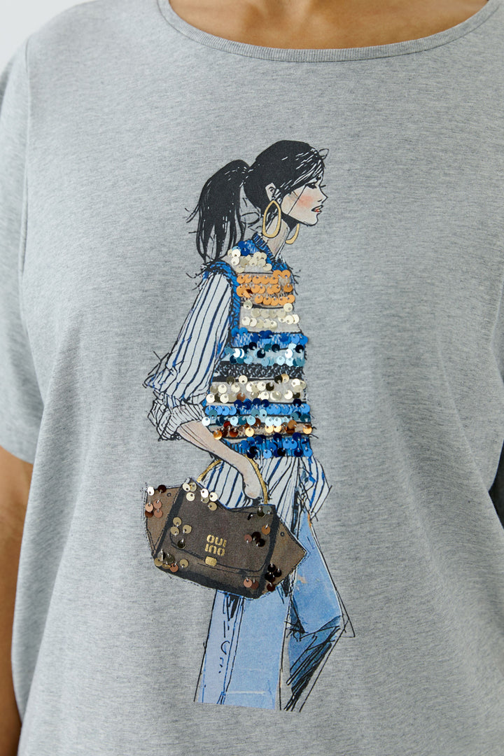 Oui Sequin Motif River Stone T-Shirt at Olivia Grace Fashion