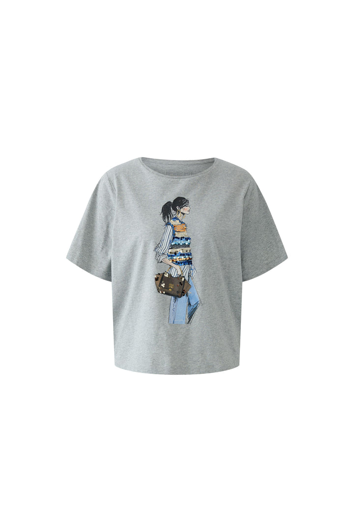 Oui Sequin Motif River Stone T-Shirt at Olivia Grace Fashion