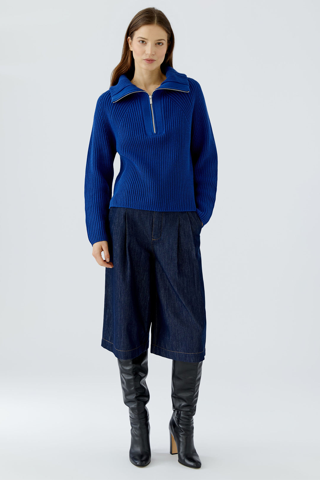 Oui Royal Blue Half Zip Jumper 98035 5424, full length front view on model