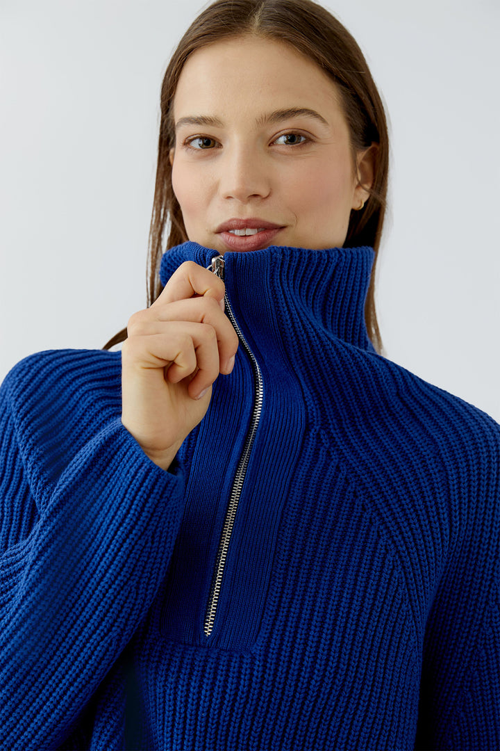 Oui Royal Blue Half Zip Jumper 98035 5424, close-up of the zip collar on model