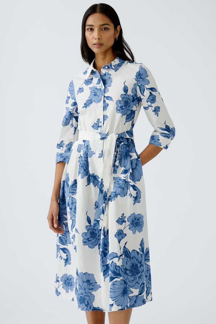 Oui Shirt Dress Blue White Floral Print Midi Length 92855 0531 - Olivia Grace Fashion