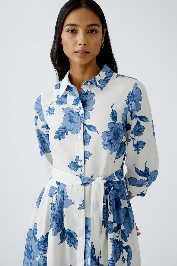 Oui Shirt Dress Blue White Floral Print Midi Length 92855 0531 - Olivia Grace Fashion