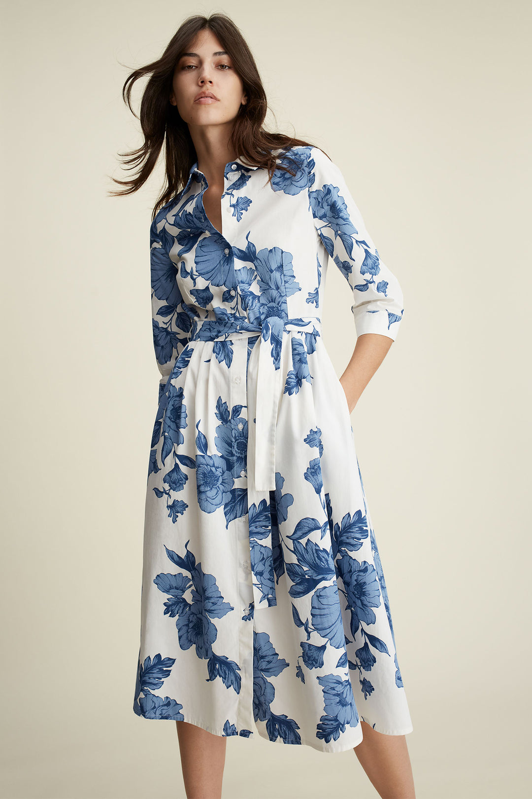 Oui Shirt Dress Blue White Floral Print Midi Length 92855 0531 - Olivia Grace Fashion