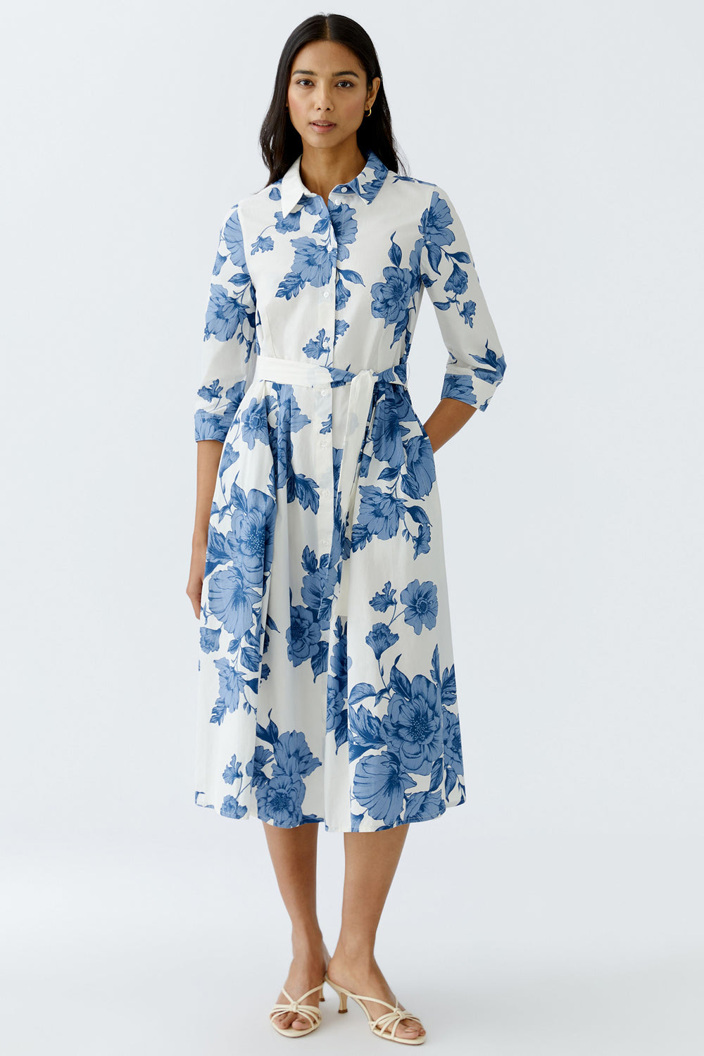 Oui Shirt Dress Blue White Floral Print Midi Length 92855 0531 - Olivia Grace Fashion