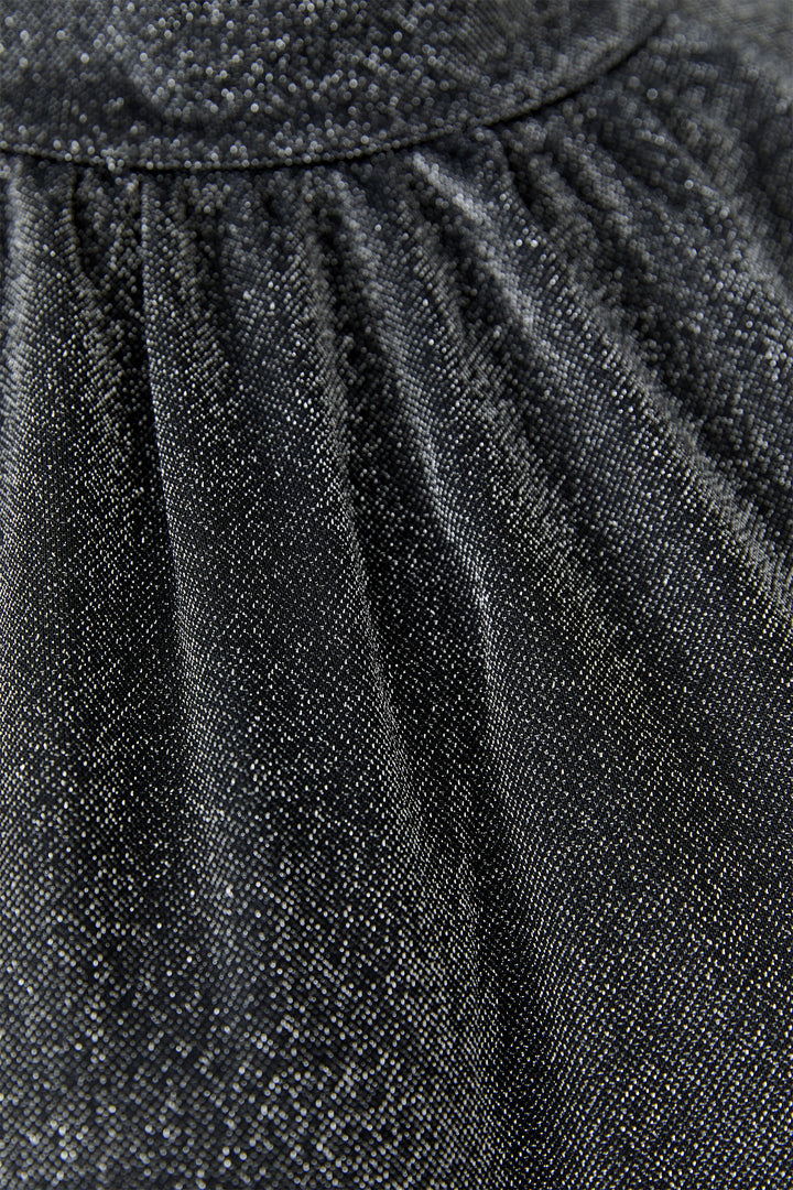 Oui Silver Black High Neck Blouse 99981 0969, close-up of the glitter fabric and gathered neckline