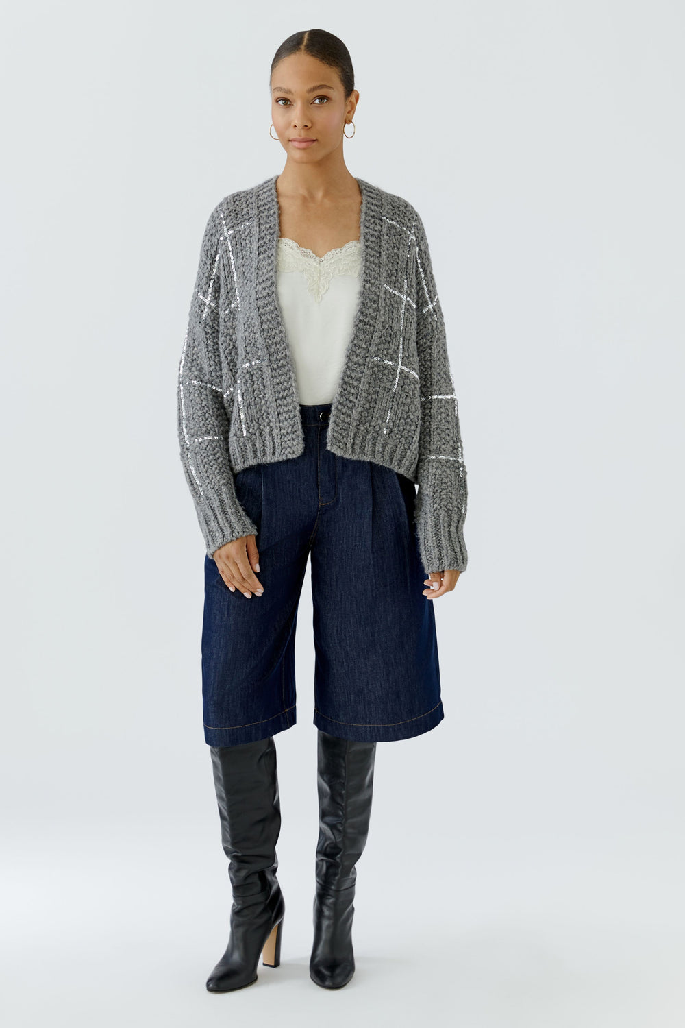 Oui Chunky Knit Steel Grey Sequin Cardigan at Olivia Grace Fashion