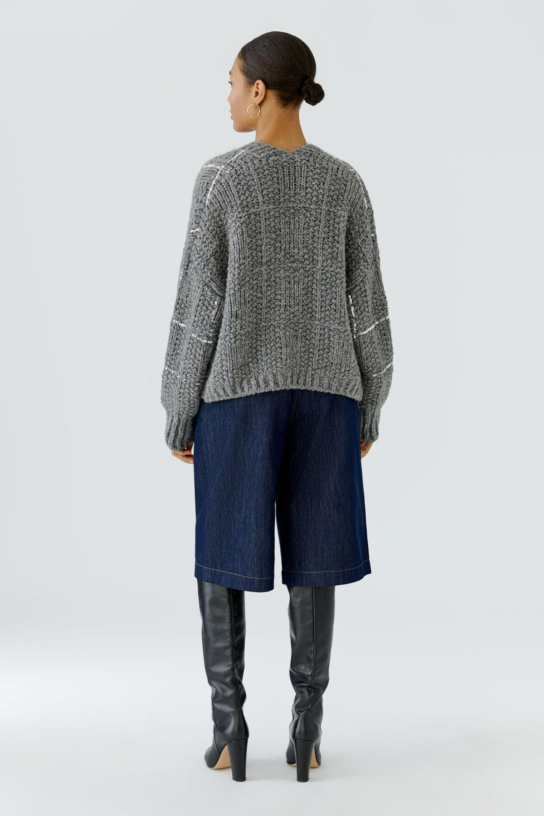 Oui Chunky Knit Steel Grey Sequin Cardigan at Olivia Grace Fashion