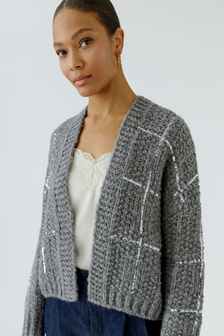 Oui Chunky Knit Steel Grey Sequin Cardigan at Olivia Grace Fashion