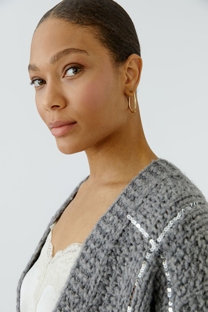 Oui Chunky Knit Steel Grey Sequin Cardigan at Olivia Grace Fashion