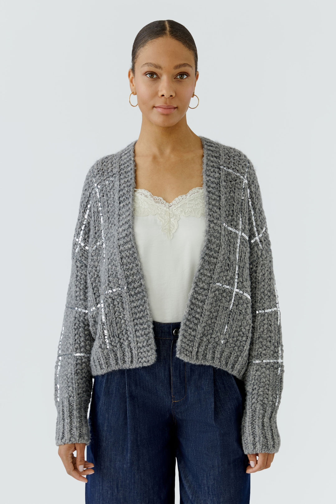 Oui Chunky Knit Steel Grey Sequin Cardigan at Olivia Grace Fashion