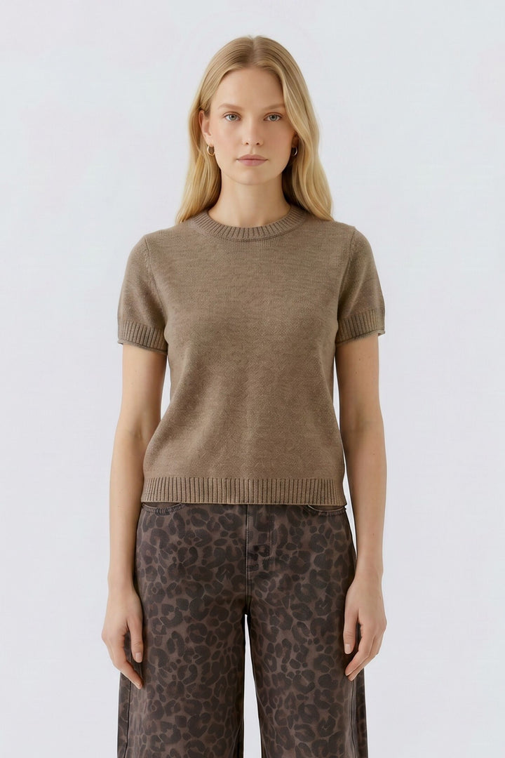 Oui Taupe Melange Short Sleeve Jumper 98007 at Olivia Grace Fashion