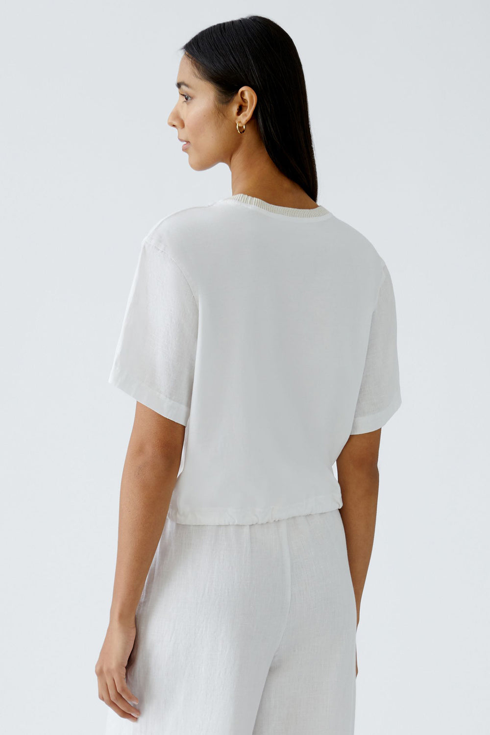 Oui Top Drawstring Waist Frayed Seam Optic White 92936 1002 - Olivia Grace Fashion