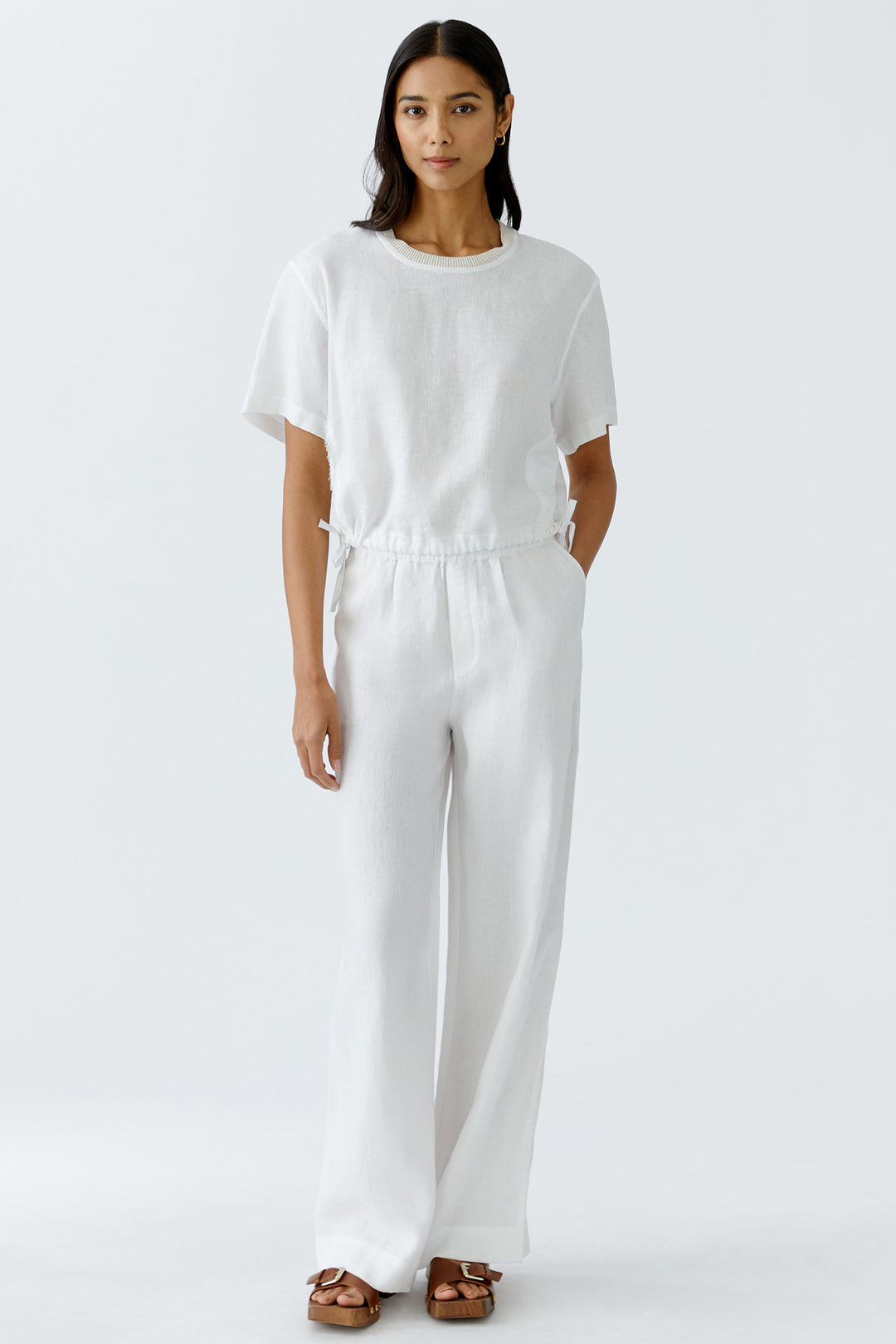 Oui Top Drawstring Waist Frayed Seam Optic White 92936 1002 - Olivia Grace Fashion