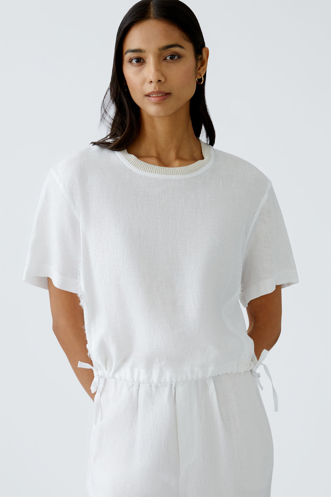 Oui Top Drawstring Waist Frayed Seam Optic White 92936 1002 - Olivia Grace Fashion