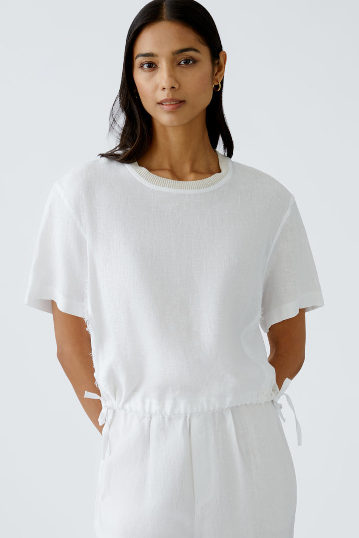 Oui Top Drawstring Waist Frayed Seam Optic White 92936 1002 - Olivia Grace Fashion