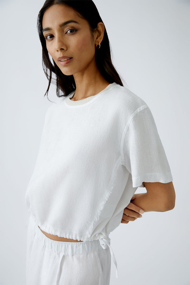 Oui Top Drawstring Waist Frayed Seam Optic White 92936 1002 - Olivia Grace Fashion